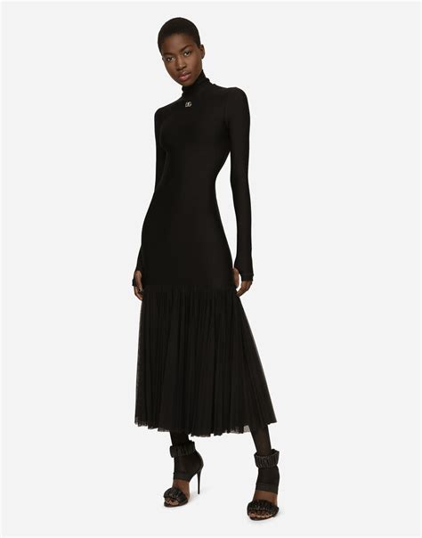 Technical jersey dress with tulle ruffle in Black for Women 